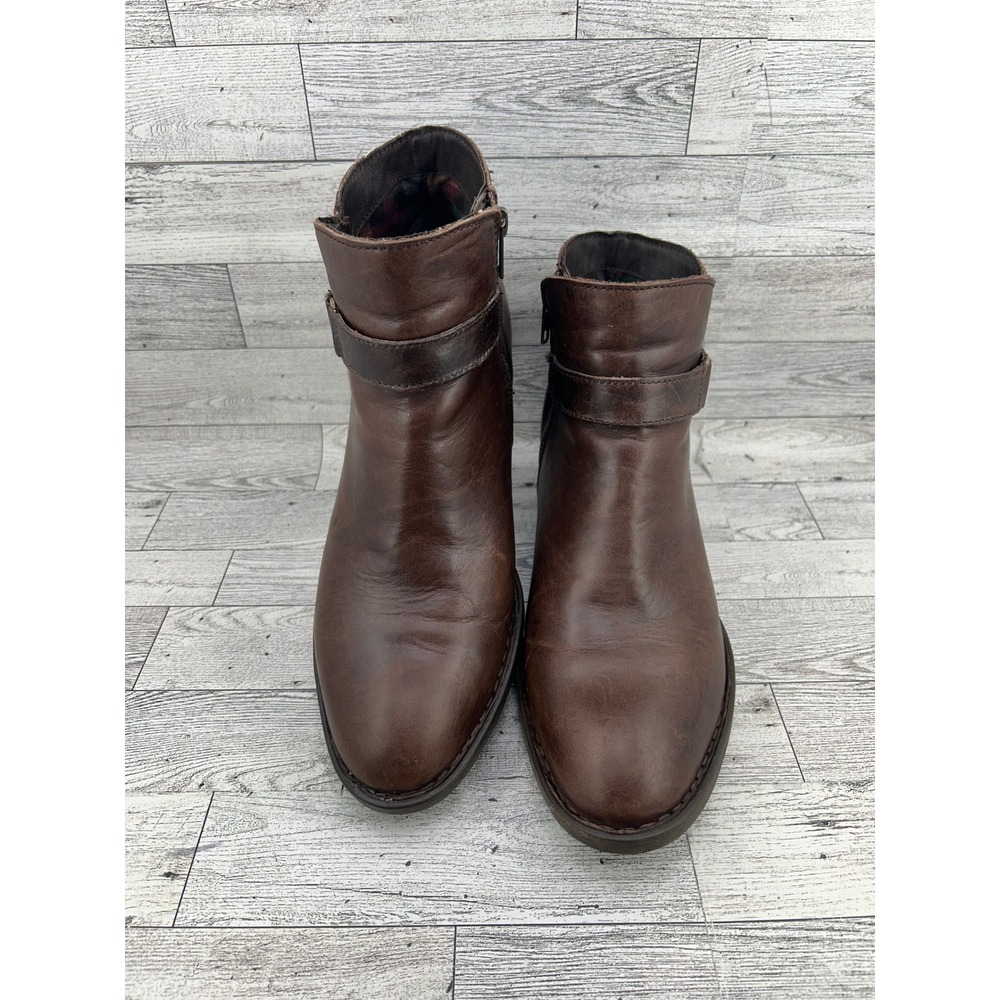 Born F08348 Brown Leather Ankle Boots Womens 11M Buckle Strap Block Heel Booties